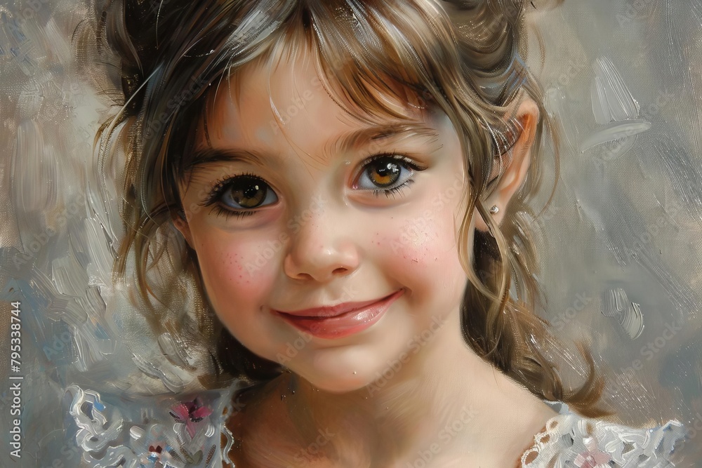 enchanting portrait of a young girl with innocent eyes and a charming smile oil painting on canvas enchanting portrait of a young girl with innocent eyes and a charming smile oil painting on canvas