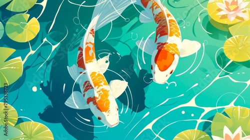 illustration art two KOI in the pool with lotus's flower on the water, background