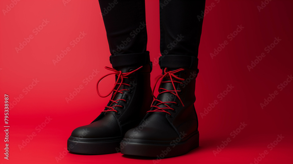 Black shoes and boots with red laces isolated on red background.