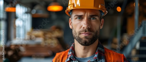 Serious intelligent construction worker in helmet with handsome professional appearance. Concept Construction Industry, Professional Attire, Helmet Safety, Serious Expression, Handsome Appearance