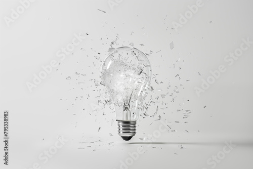 Photorealistic transparent light bulb standing vertically on a table and shattering into shards in various directions. Brainstorming concept. White background. photo