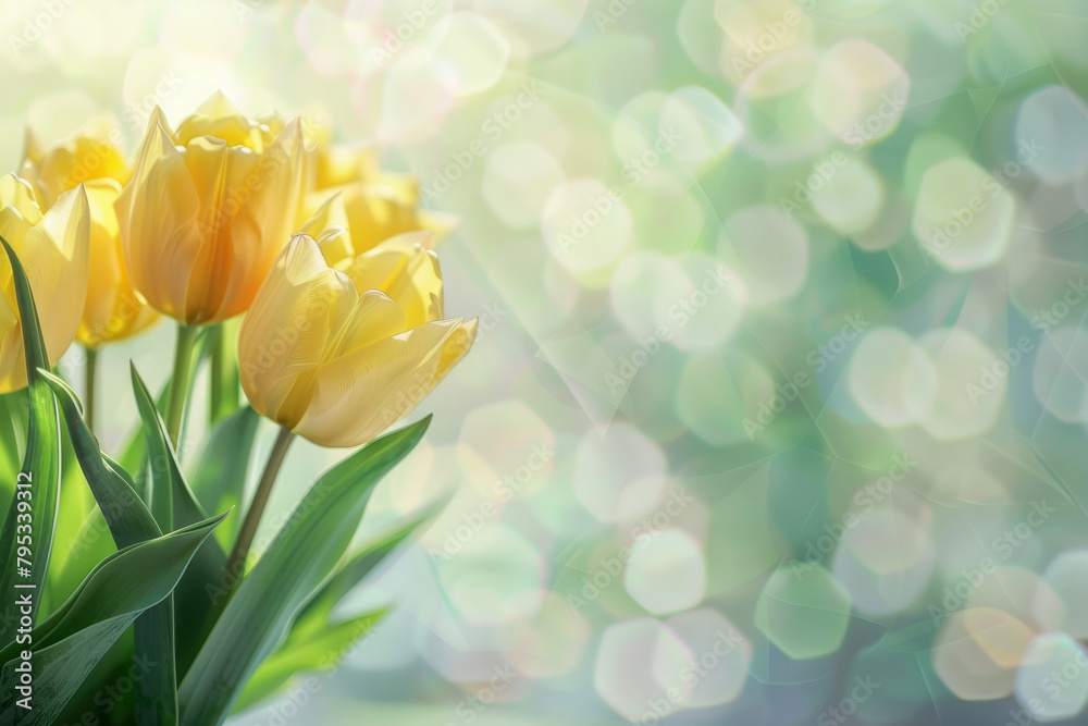 Yellow tulips on a blurred natural background with space for text. Spring sunny morning. Bokeh. Greeting card with spring mood