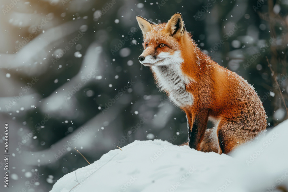 A fox pauses on a snow-covered hillside. A fox pauses on a snow-covered hillside.