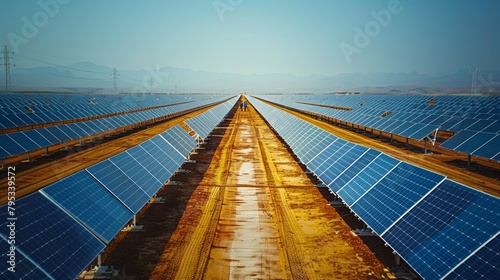 Workers inspecting solar panels in a solar park.