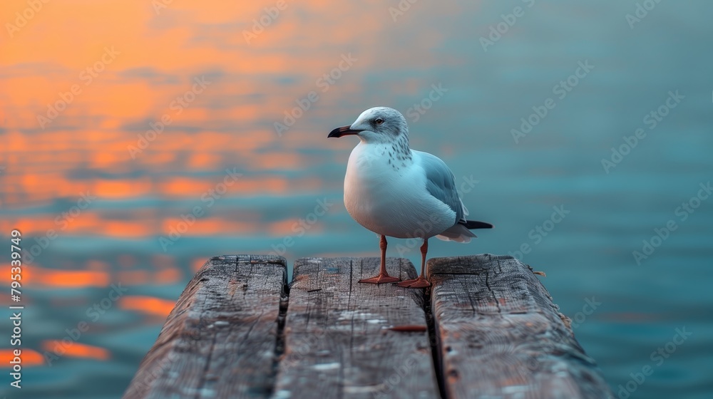 Seagull Overlooking Sunset on Serene Water Seagull Overlooking Sunset on Serene Water