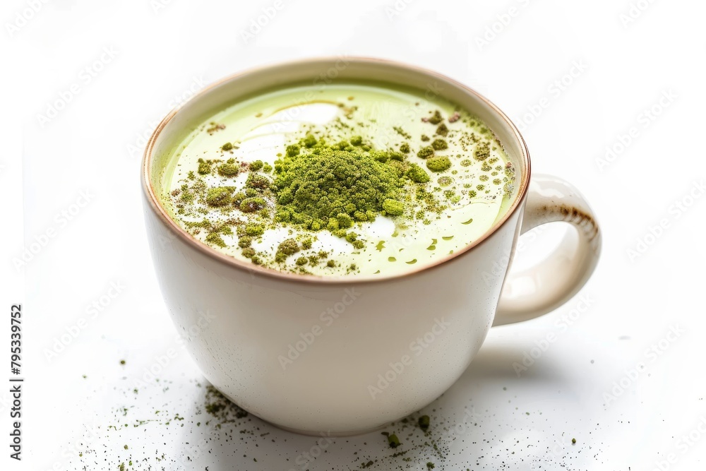 A white cup with green powder on top. The powder is likely matcha, a type of green tea A white cup with green powder on top. The powder is likely matcha, a type of green tea