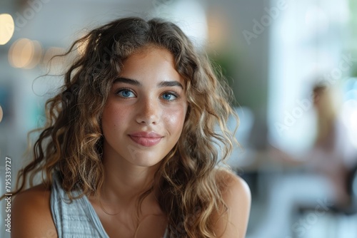A young woman with curly hair and a soft smile sitting comfortably in a café environment Free Download A young woman with curly hair and a soft smile sitting comfortably in a café environment - GFXLoad