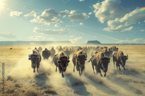 A herd of bison moves in unison across the vast plains.