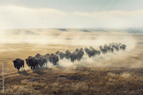 A herd of bison moves in unison across the vast plains.