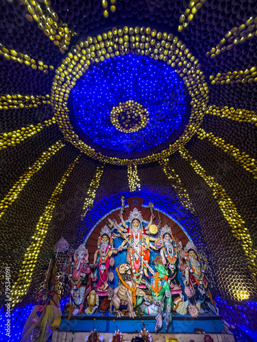 statue of godess Durga decorated pandal. biggest religious festival of Hindu dharma