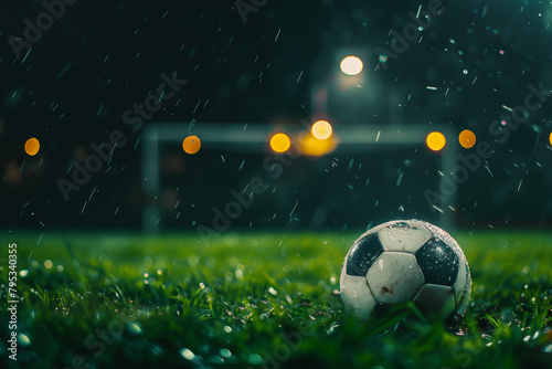 Football ball with drops of water on it on the grass in the evening during the rain. Blurred gates and spotlights on the background.