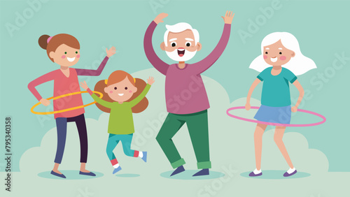 Grandparents displaying their skills in a hula hoop contest impressing the younger generation with their agility.