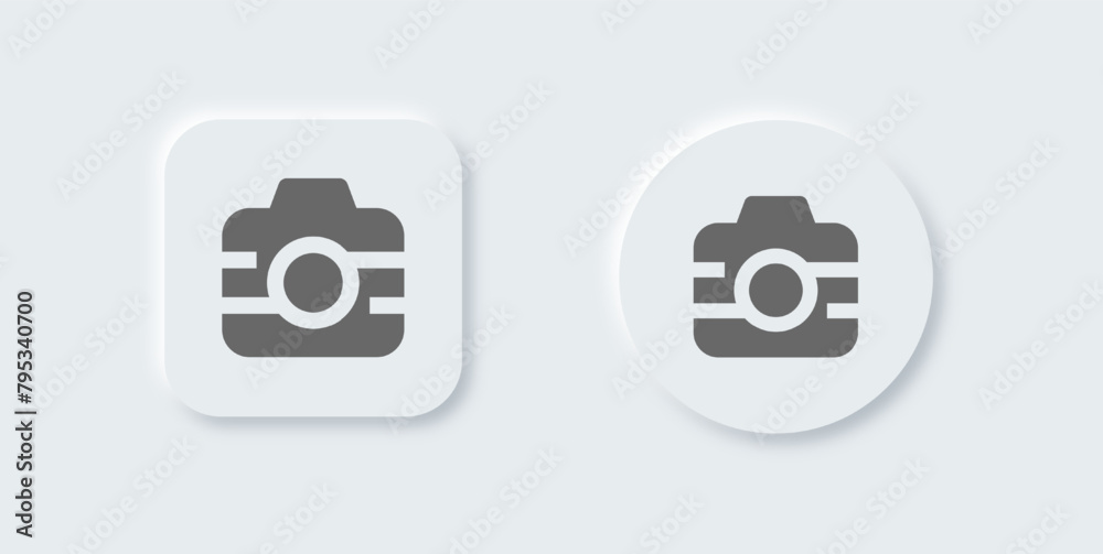 Camera solid icon in neomorphic design style. Capture buttons signs vector illustration. Camera solid icon in neomorphic design style. Capture buttons signs vector illustration.