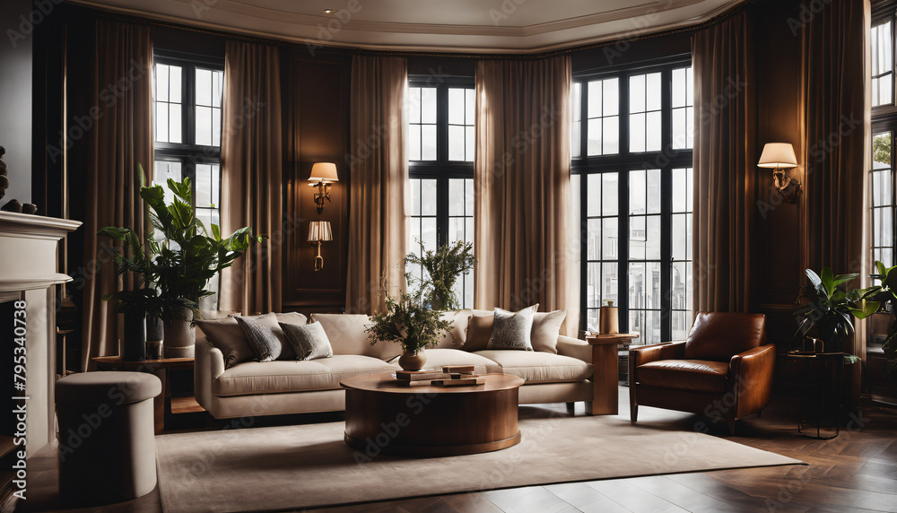 Fototapeta premium Modern living room showcasing a luxurious sofa close-up, sleek design, and hardwood floors.