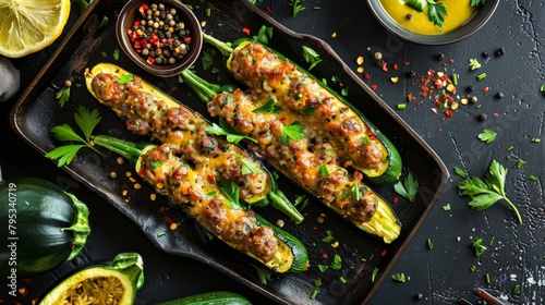 Raw styled top view photo of cheesy Italian sausage stuffed zucchini, vibrant and tender, under professional studio lighting on a plain backdrop