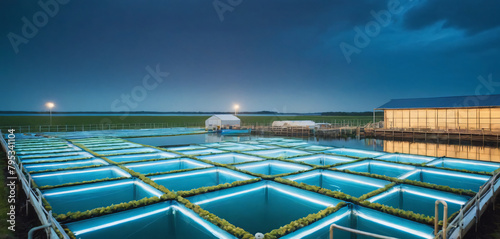 Aquaculture farm,Shrimp farm, prawn farming with oxygenation water near ocean. aerial view fish farm with ponds growing fish and shrimp and other seafood. Fish hatchery pond aerial view aquaculture