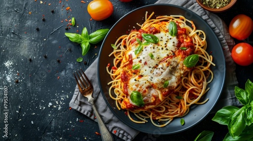 Professional top view  Mozzarella-Stuffed Chicken Parmesan on spaghetti  isolated background  perfect studio lighting highlights textures