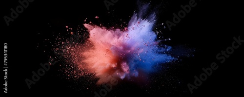 Vibrant explosion of multicolored particles and smoke against a stark black background, capturing the dynamic energy of impact.