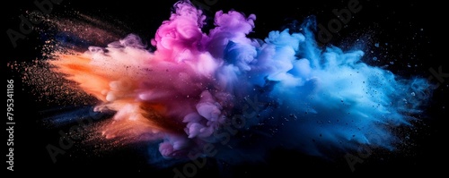Vibrant explosion of multicolored particles and smoke against a stark black background, capturing the dynamic energy of impact. photo