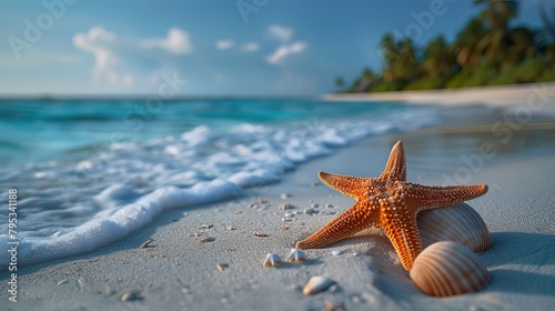 Luxurious tropical landscape. White sand with palm trees and azure sea. A heavenly place to relax. Beautiful exotic summer beach background for design.