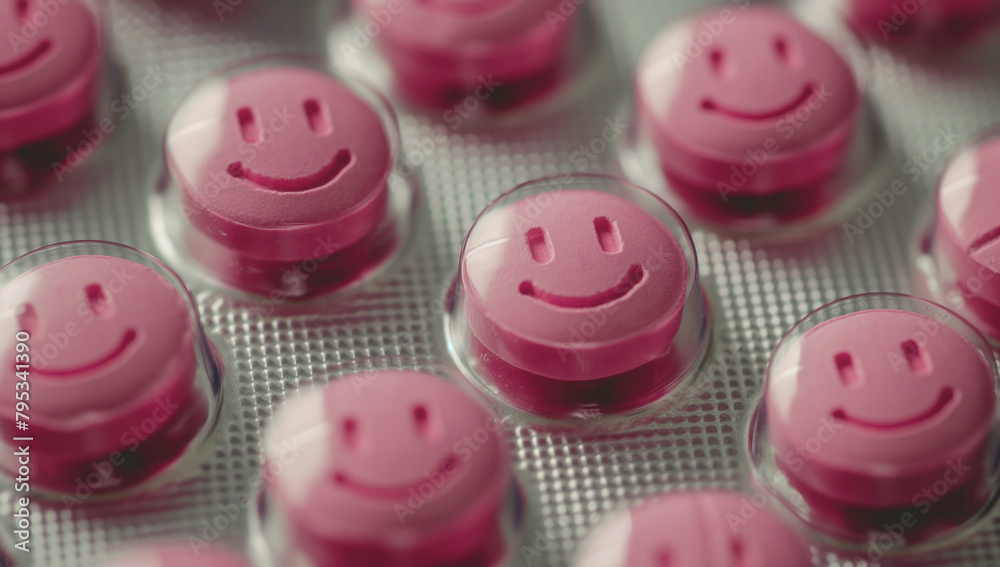 A row of pink pills with smiling faces on them. The pills are arranged in a row and are all the same color
A row of pink pills with smiling faces on them. The pills are arranged in a row and are all the same color