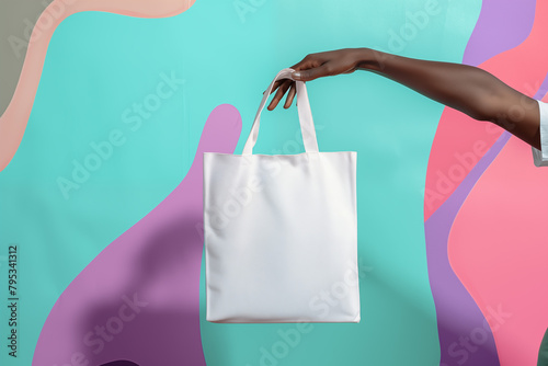 Empty mockup of a white shopping bag holding by a hand of black woman on colorful background.
