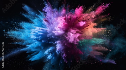 Vibrant explosion of multicolored particles and smoke against a stark black background, capturing the dynamic energy of impact. photo