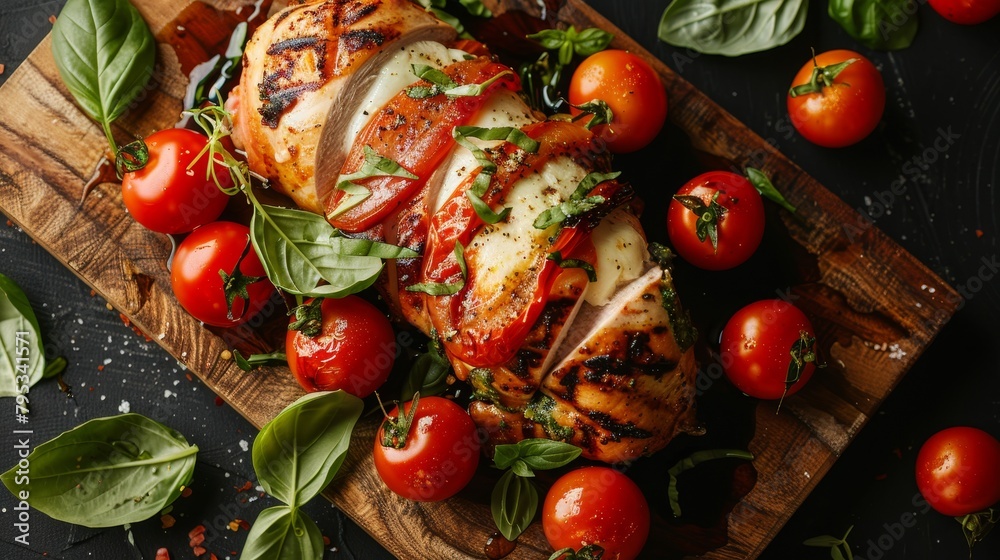 Professional studio lighting captures the lush textures of Caprese stuffed chicken from above, enhanced by raw style settings, isolated view