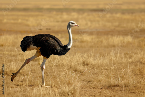 An ostrich strides confidently across the arid savanna.