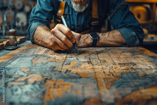 A focused craftsman is meticulously plotting a course on an antique world map laid out on a wooden table