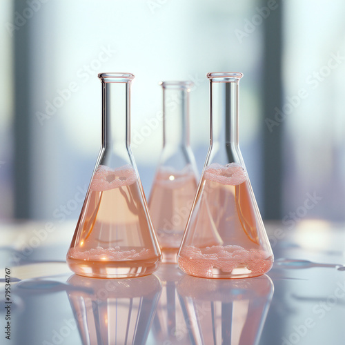 3 lab glass flasks with cell culture on the table in a laboratory. Cellular agriculture, cultivated meat scientific research, future food concept. Science background with copy space.