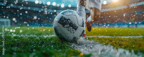 Soccer player's feet stepping on a soccer ball for kick-off in the stadium. © vadymstock
