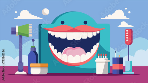 A clean teeth selfie station with a backdrop of giant foam teeth and props like oversized toothpaste tubes toothbrushes and dental floss for