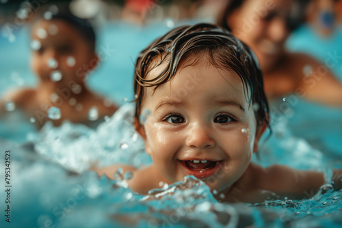 A woman is holding a baby in a pool. The baby is smiling and enjoying the water. Scene is happy and joyful