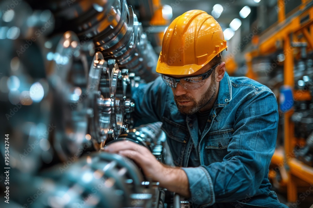 The engineer is seen in deep concentration, inspecting the intricate machinery components in a manufacturing environment The engineer is seen in deep concentration, inspecting the intricate machinery components in a manufacturing environment