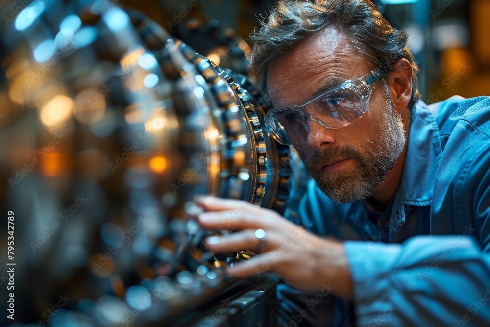 An engineer in blue shirt is intently examining or adjusting the complex machinery in an industrial setting, focus on hands An engineer in blue shirt is intently examining or adjusting the complex machinery in an industrial setting, focus on hands