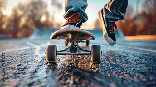 skateboarder doing skate tricks on the road, close up of skateboarder