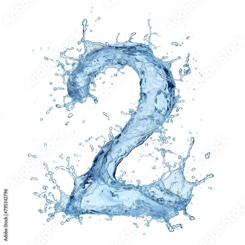 Stylized font, capital number 2. Text made of water splashes, number 2. Transparent light blue wave in the shape of the number two.