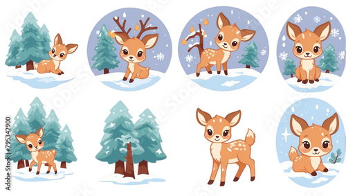 Snowy landscapes serve as the backdrop for these illustrations featuring adorable deer in various cute poses, evoking winter magic photo