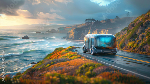 A futuristic vehicle is driving down a road near the ocean photo