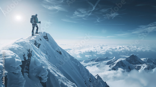 A mountaineer scaling a treacherous peak, defying danger and pushing their limits with bravery and determination to conquer the summit.