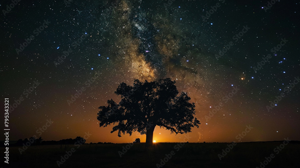 A silhouette of an oak tree against the backdrop of a night sky, with the sunset. A silhouette of an oak tree against the backdrop of a night sky, with the sunset.