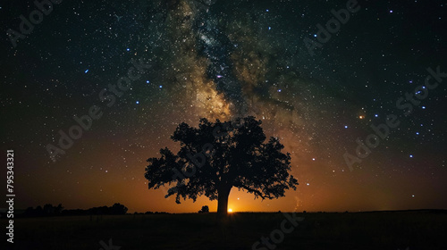 A silhouette of an oak tree against the backdrop of a night sky, with the sunset. 