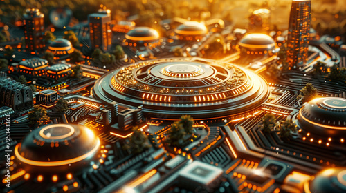 A futuristic cityscape with a large glowing orb in the center