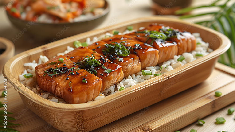 closeup of healthy food in Eco-Friendly Disposable Extra Strong Microwavable Bamboo Fibre Food Containers