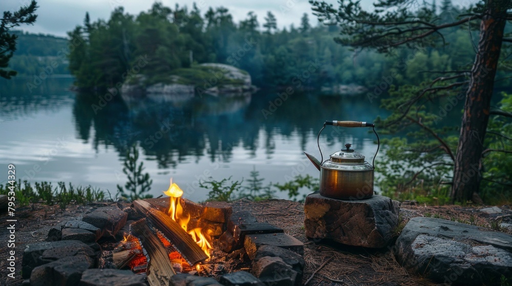 Coffe pot on campfire neat by forest lake. Coffe pot on campfire neat by forest lake.