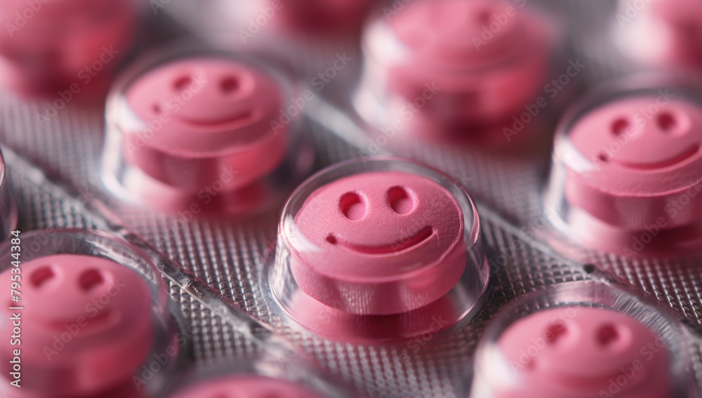 A row of pink pills with smiling faces on them. The pills are arranged in a row and are all the same color
A row of pink pills with smiling faces on them. The pills are arranged in a row and are all the same color