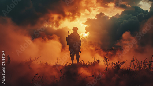 A soldier standing firm on the battlefield, showing unwavering bravery and resolve in the heat of combat. photo