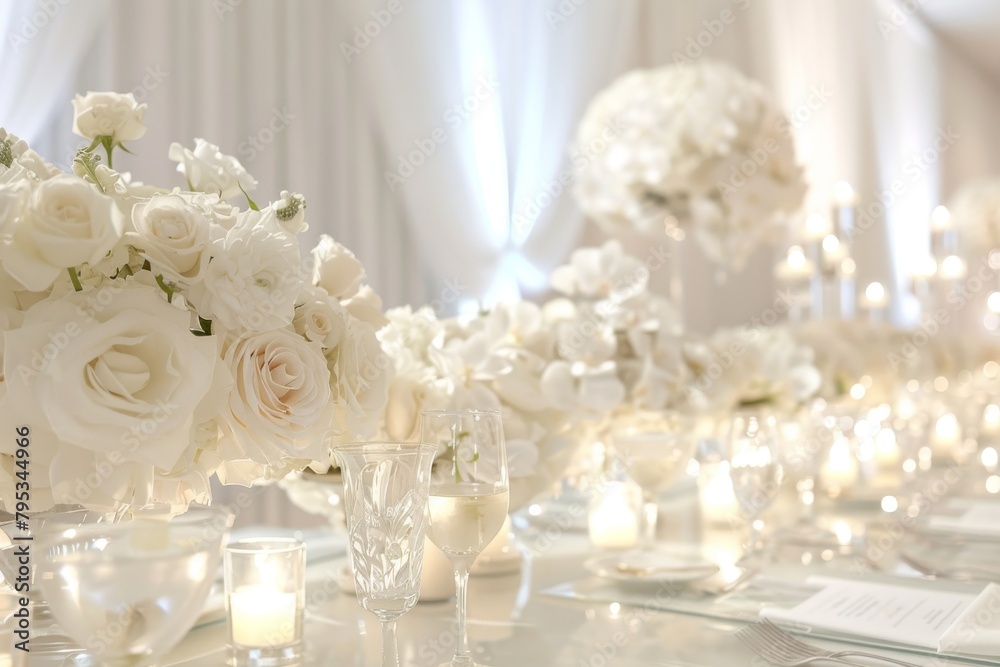 Elegant wedding venue decor against a soft transparent white surface, evoking timeless romance Elegant wedding venue decor against a soft transparent white surface, evoking timeless romance