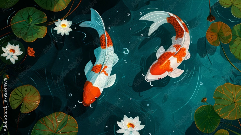 Naklejka premium illustration art two KOI in the pool with lotus's flower on the water, background